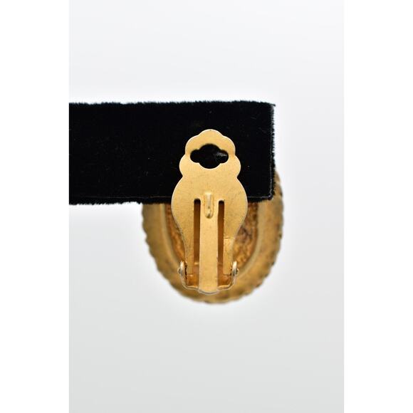 Vintage Crystal Clip On Earrings Black Oval Brushed Gold Matte Retro 1980s BinAI - Picture 9 of 12